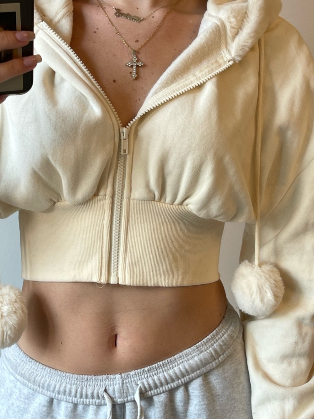 BDG Cream Cropped Zip-Up Hoodie with Pom Pom Drawstrings